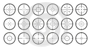 Various weapon sights, sniper rifle optical scopes. Hunting gun viewfinder with crosshair. Aim, shooting mark symbol