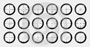 Various weapon sights, sniper rifle optical scopes. Hunting gun viewfinder with crosshair. Aim, shooting mark symbol