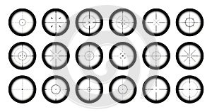 Various weapon sights, sniper rifle optical scopes. Hunting gun viewfinder with crosshair. Aim, shooting mark symbol