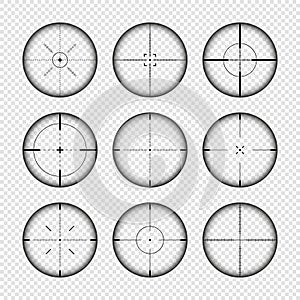 Various weapon sights, sniper rifle optical scopes. Hunting gun viewfinder with crosshair. Aim, shooting mark symbol