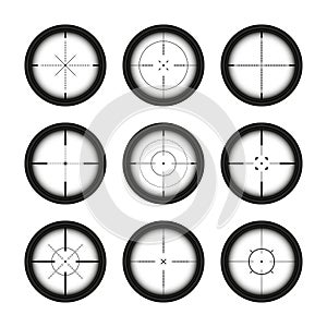 Various weapon sights, sniper rifle optical scopes. Hunting gun viewfinder with crosshair. Aim, shooting mark symbol