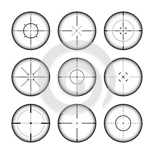 Various weapon sights, sniper rifle optical scopes. Hunting gun viewfinder with crosshair. Aim, shooting mark symbol