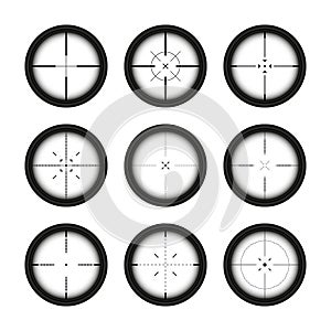 Various weapon sights, sniper rifle optical scopes. Hunting gun viewfinder with crosshair. Aim, shooting mark symbol