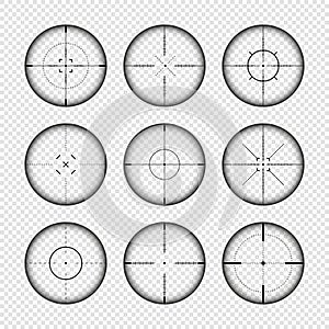 Various weapon sights, sniper rifle optical scopes. Hunting gun viewfinder with crosshair. Aim, shooting mark symbol