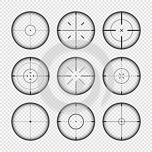 Various weapon sights, sniper rifle optical scopes. Hunting gun viewfinder with crosshair. Aim, shooting mark symbol