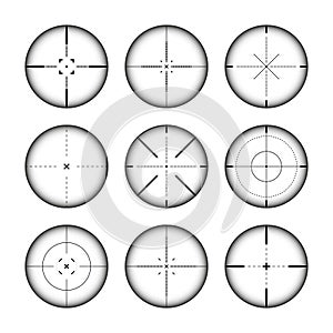 Various weapon sights, sniper rifle optical scopes. Hunting gun viewfinder with crosshair. Aim, shooting mark symbol