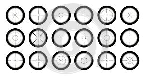 Various weapon sights, sniper rifle optical scopes. Hunting gun viewfinder with crosshair. Aim, shooting mark symbol