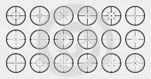 Various weapon sights, sniper rifle optical scopes. Hunting gun viewfinder with crosshair. Aim, shooting mark symbol