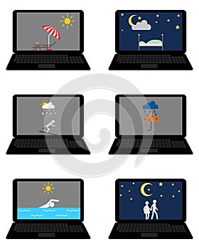 Various weathers symbols and leisure activities on laptop
