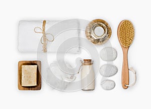 Various wellness and spa threatment products isolated on white background