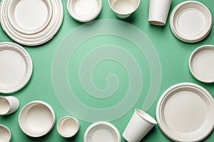 Eco-Friendly Disposable Tableware Frame on Green Background