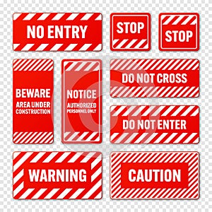 Various white and red warning signs with diagonal lines. Attention, danger or caution sign, construction site signage