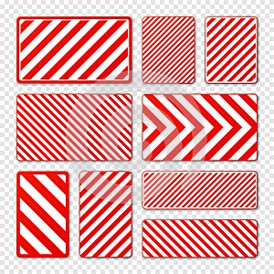 Various white and red warning signs with diagonal lines. Attention, danger or caution sign, construction site signage