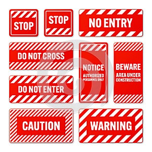 Various white and red warning signs with diagonal lines. Attention, danger or caution sign, construction site signage