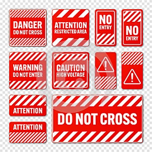 Various white and red warning signs with diagonal lines. Attention, danger or caution sign, construction site signage