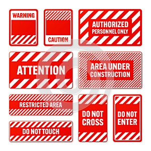 Various white and red warning signs with diagonal lines. Attention, danger or caution sign, construction site signage