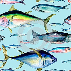 Various wild sea fish seamless pattern watercolor illustration isolated on blue.