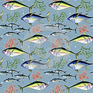 Various wild sea fish seamless pattern watercolor illustration isolated on blue.