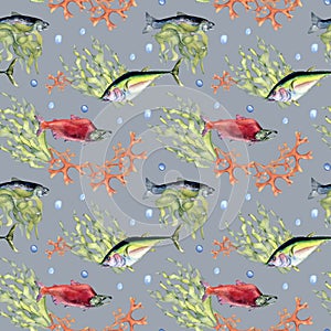 Various wild sea fish seamless pattern watercolor illustration isolated on blue. Seaweeds, tuna, salmon, coho, sea