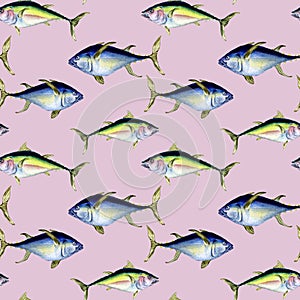 Various wild sea fish seamless pattern watercolor illustration isolated on pink.