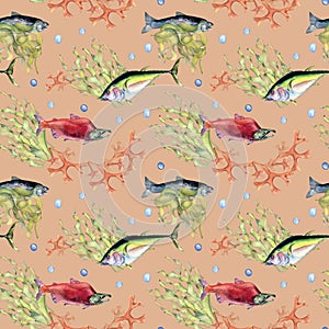 Various wild sea fish seamless pattern watercolor illustration isolated on pink. Seaweeds, tuna, salmon, coho, sea