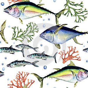 Various wild sea fish seamless pattern watercolor illustration isolated on white.