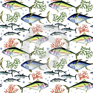 Various wild sea fish seamless pattern watercolor illustration isolated on white.