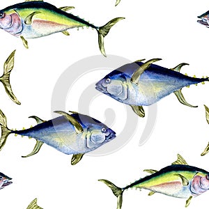 Various wild sea fish seamless pattern watercolor illustration isolated on white.