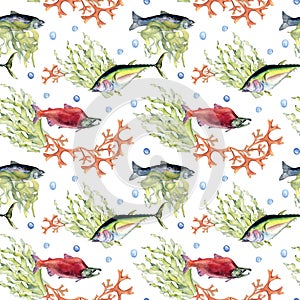 Various wild sea fish seamless pattern watercolor illustration isolated on white. Seaweeds, tuna, salmon, coho, sea