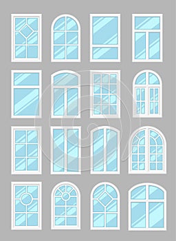 Various windows types set vector flat illustration. Collection plastic and wooden window with frames