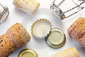 Various wine corks and bottle caps after party