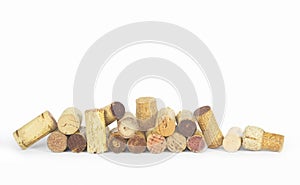 Various wine corks in a row,