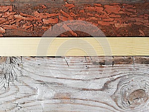 Various wooden background including fresh planks and rough grunge painted flooring