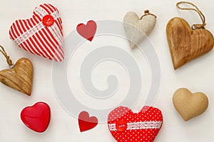 Various of wooden and fabric hearts