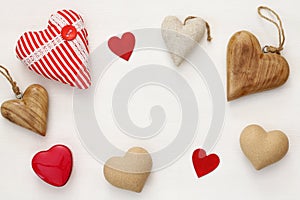 Various of wooden and fabric hearts