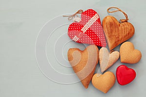 Various of wooden and fabric hearts
