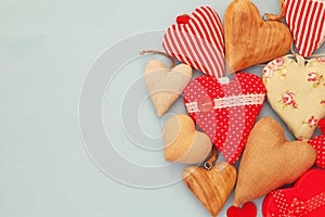 Various of wooden and fabric hearts