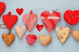 Various of wooden and fabric hearts