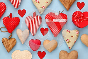 Various of wooden and fabric hearts