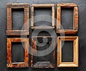 Various wooden frames are neatly arranged on top of a wall in a flat lay style, creating a chaotic yet organized display