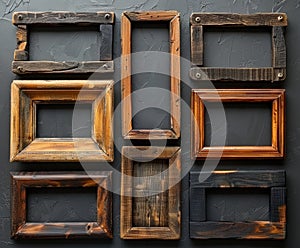 Various wooden frames are neatly arranged on top of a wall in a flat lay style, creating a chaotic yet organized display