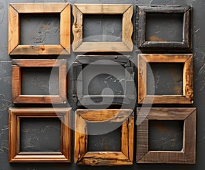 Various wooden frames are neatly arranged on top of a wall in a flat lay style, creating a chaotic yet organized display