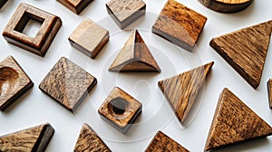 Various wooden geometric shapes arranged on a light surface in a creative display of textures and colors