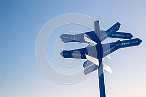 Various world city signpost at Banpo Hangang Park in Seoul, Korea