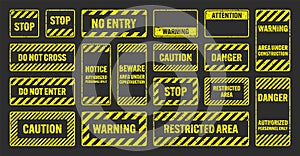 Various yellow grunge warning signs with diagonal lines. Old attention, danger or caution sign, construction site