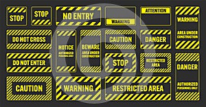 Various yellow warning signs with diagonal lines. Attention, danger or caution sign, construction site signage