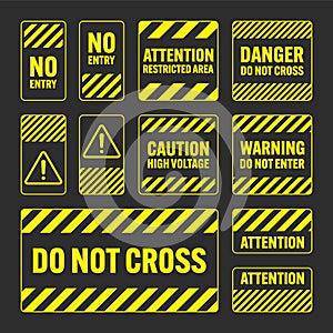 Various yellow warning signs with diagonal lines. Attention, danger or caution sign, construction site signage