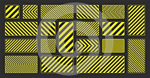 Various yellow warning signs with diagonal lines. Attention, danger or caution sign, construction site signage