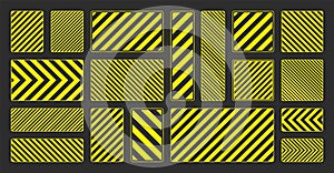 Various yellow warning signs with diagonal lines. Attention, danger or caution sign, construction site signage