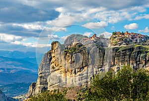 Varlaam and Grand Meteora monasteries, built on the rocks, mountain landscape, Meteors, Trikala, Thessaly